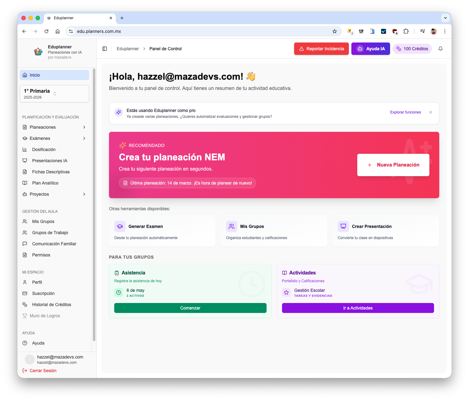 Panel de Eduplanner con planeaciones, grupos y herramientas para el aula